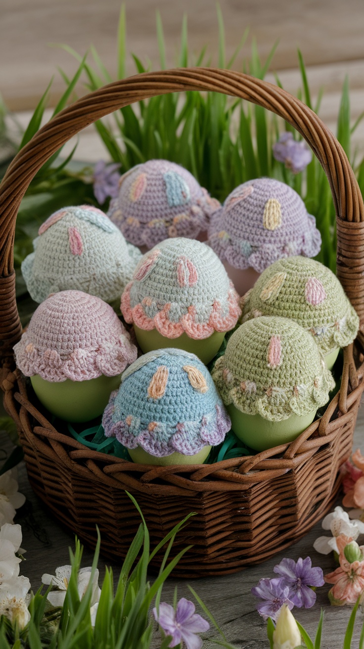A basket filled with crochet-covered Easter eggs in pastel colors.
