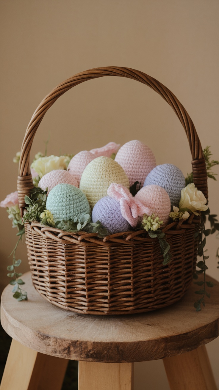 A wicker basket filled with pastel-colored crochet eggs surrounded by flowers.