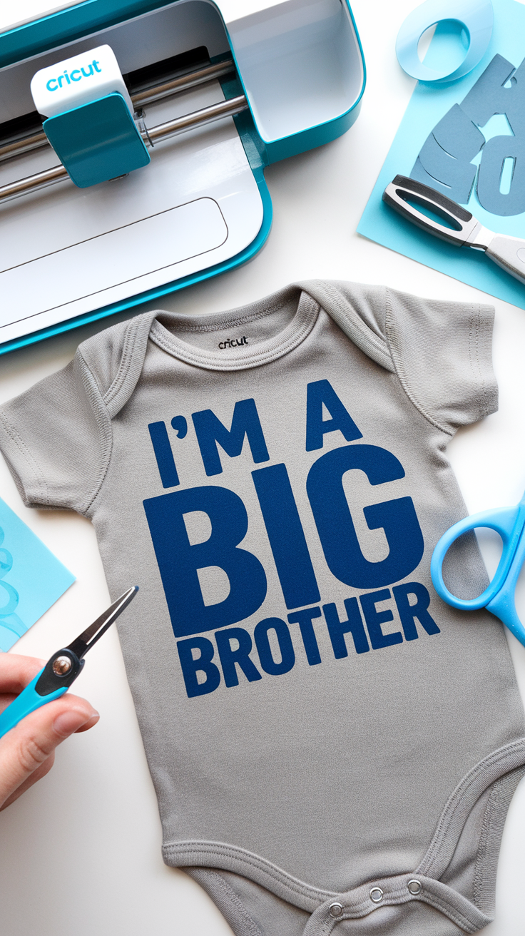 A gray baby onesie with the text 'I'm a BIG BROTHER' and a Cricut machine in the background