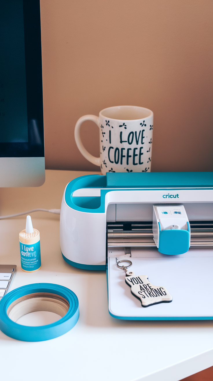 A Cricut machine on a desk with coffee cup, glue, and crafting materials.