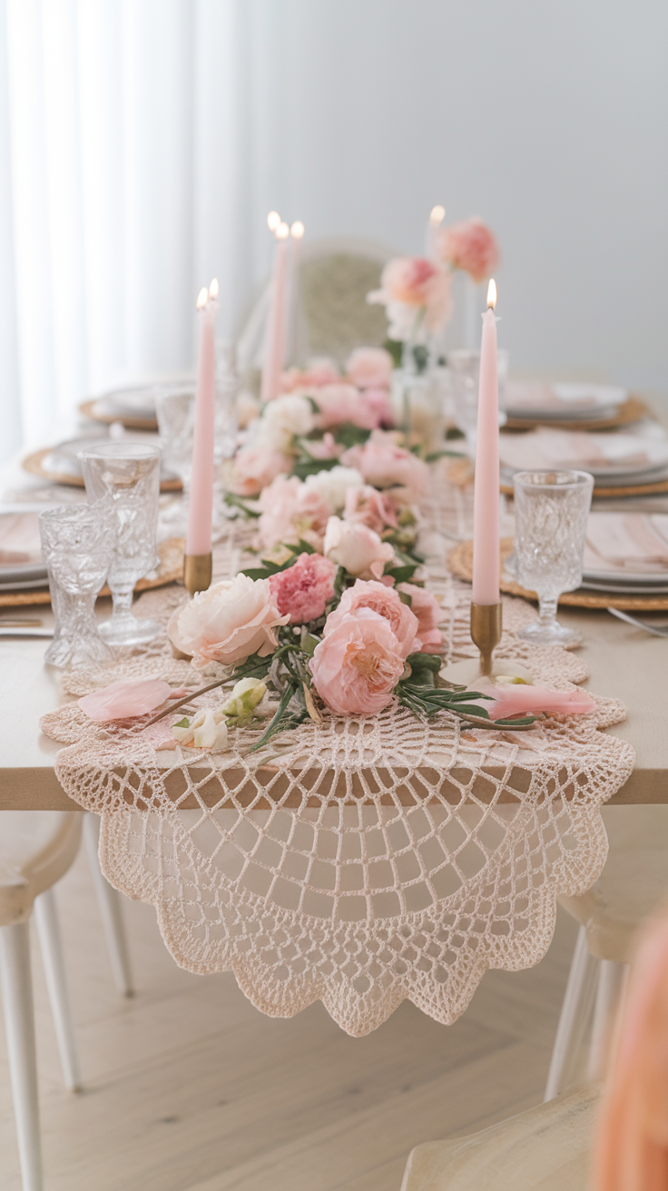 A beautifully set dining table with a crochet table runner and floral arrangements.