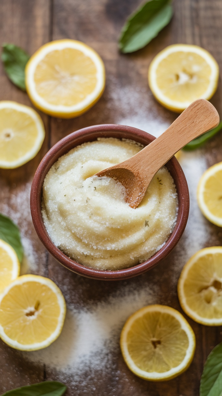 A bowl of lemon balm sugar scrub surrounded by lemon slices and sugar.