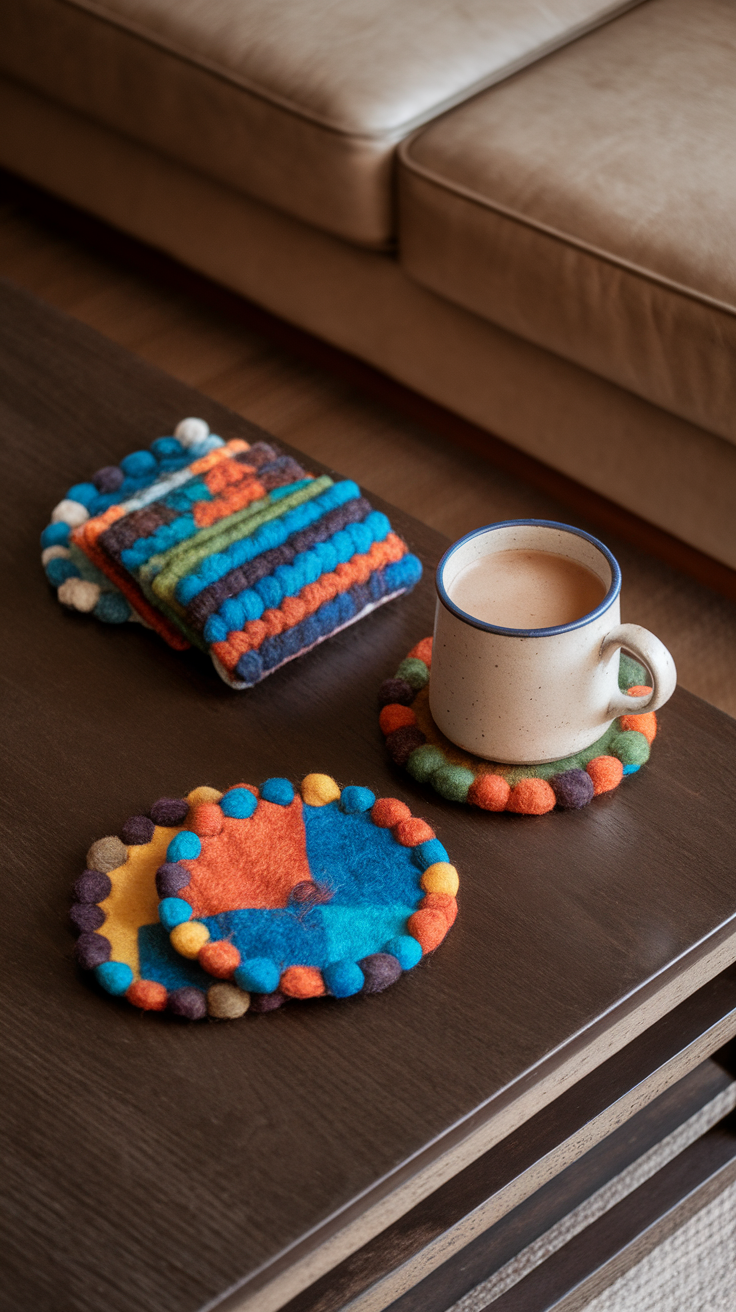 Colorful felted wool coasters on a wooden table with a mug