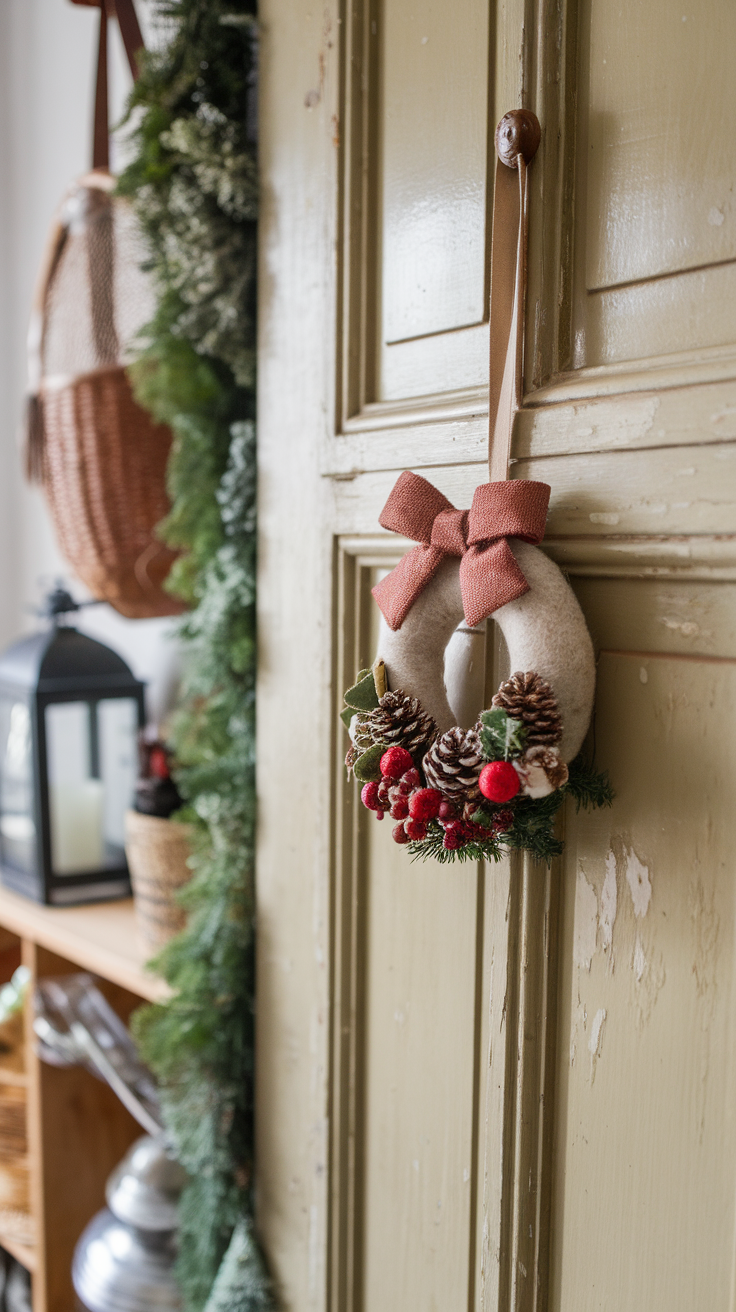 A festive felt holiday wreath ornament featuring pine cones, red berries, and a bow, hanging on a door.