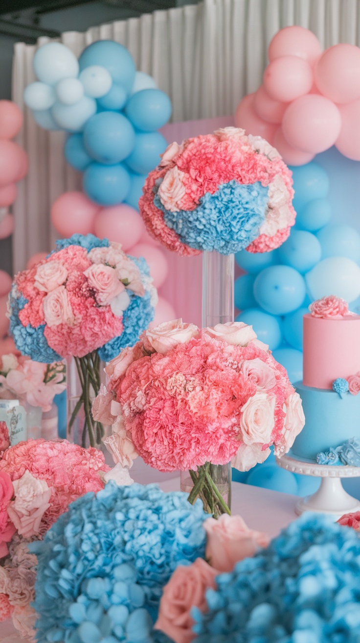 Colorful floral arrangements for a gender reveal party with pink and blue flowers.