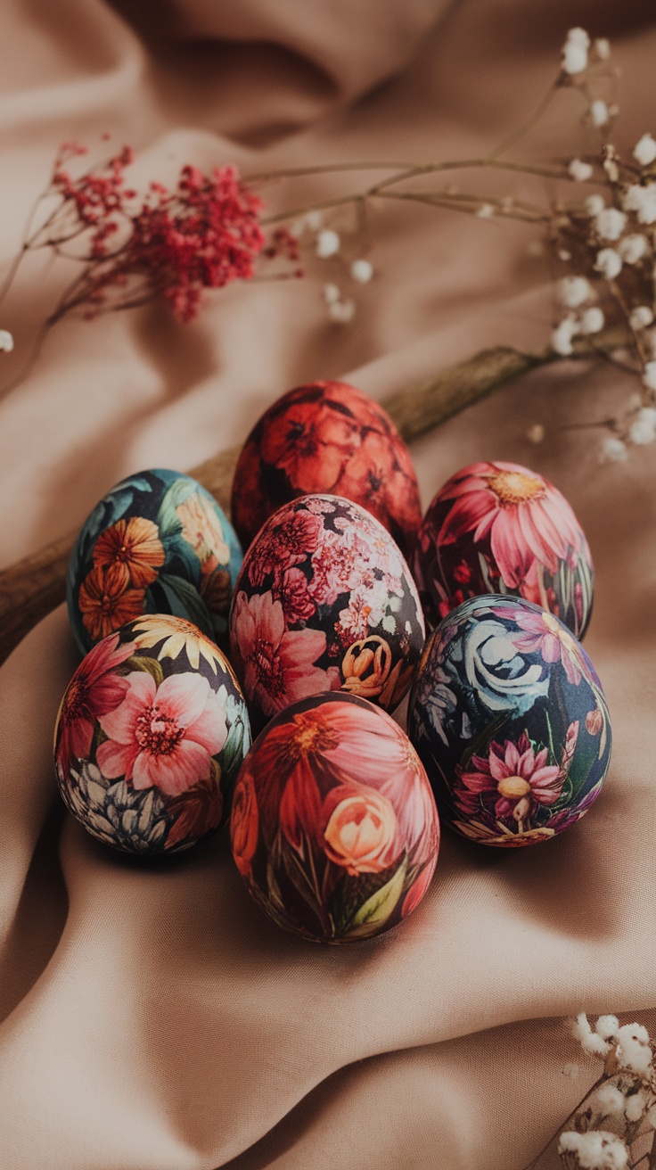 Colorful floral decoupage Easter eggs arranged on a soft surface.