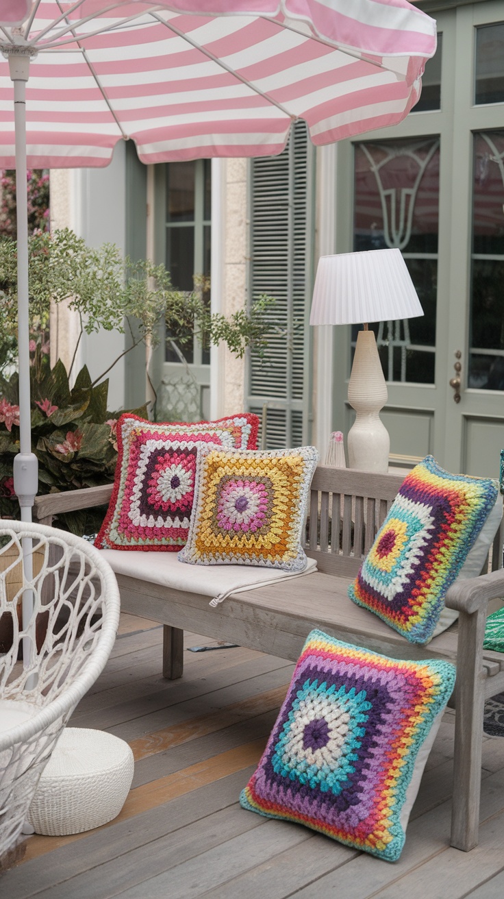 Colorful floral granny square pillows on a wooden bench