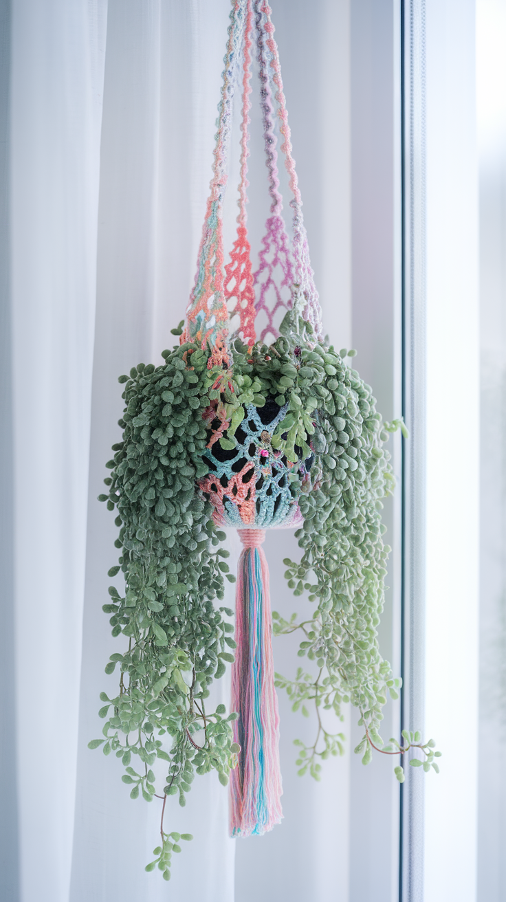 Colorful crochet plant hanger with greenery