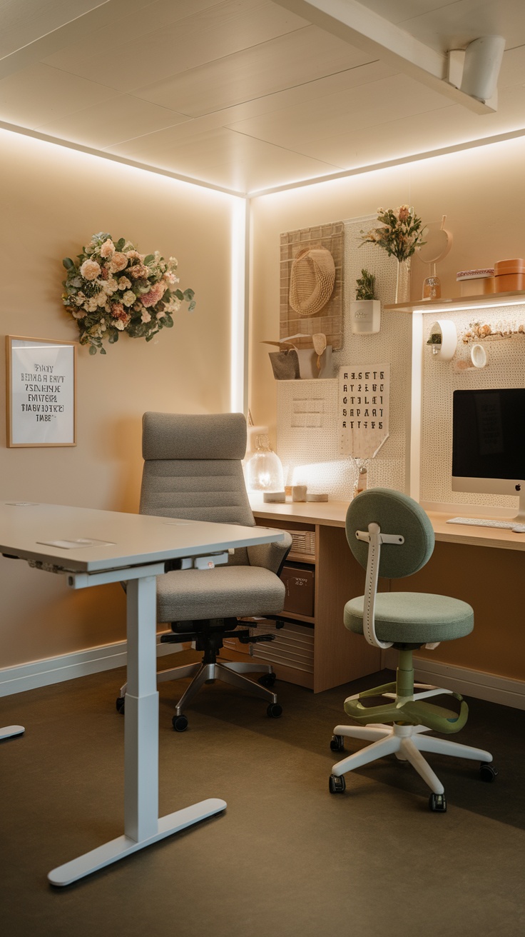 A cozy craft room with ergonomic chairs and a stylish desk, designed for comfort.