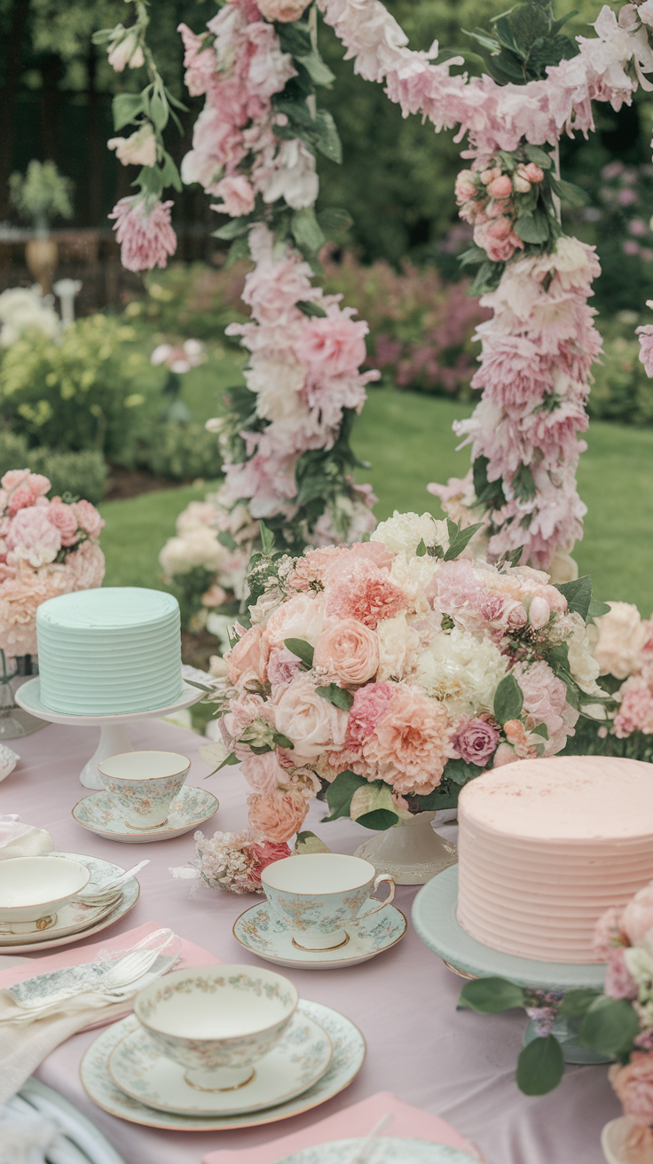 A beautifully arranged table for a garden tea party with floral decorations, tea cups, and cakes.