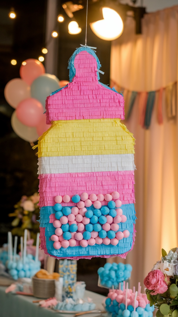 Colorful gender reveal pinata in pink, blue, and yellow, filled with candies.