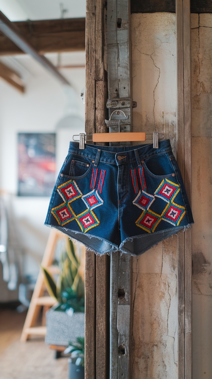 Denim shorts with colorful geometric embroidery hanging on a wooden rack.