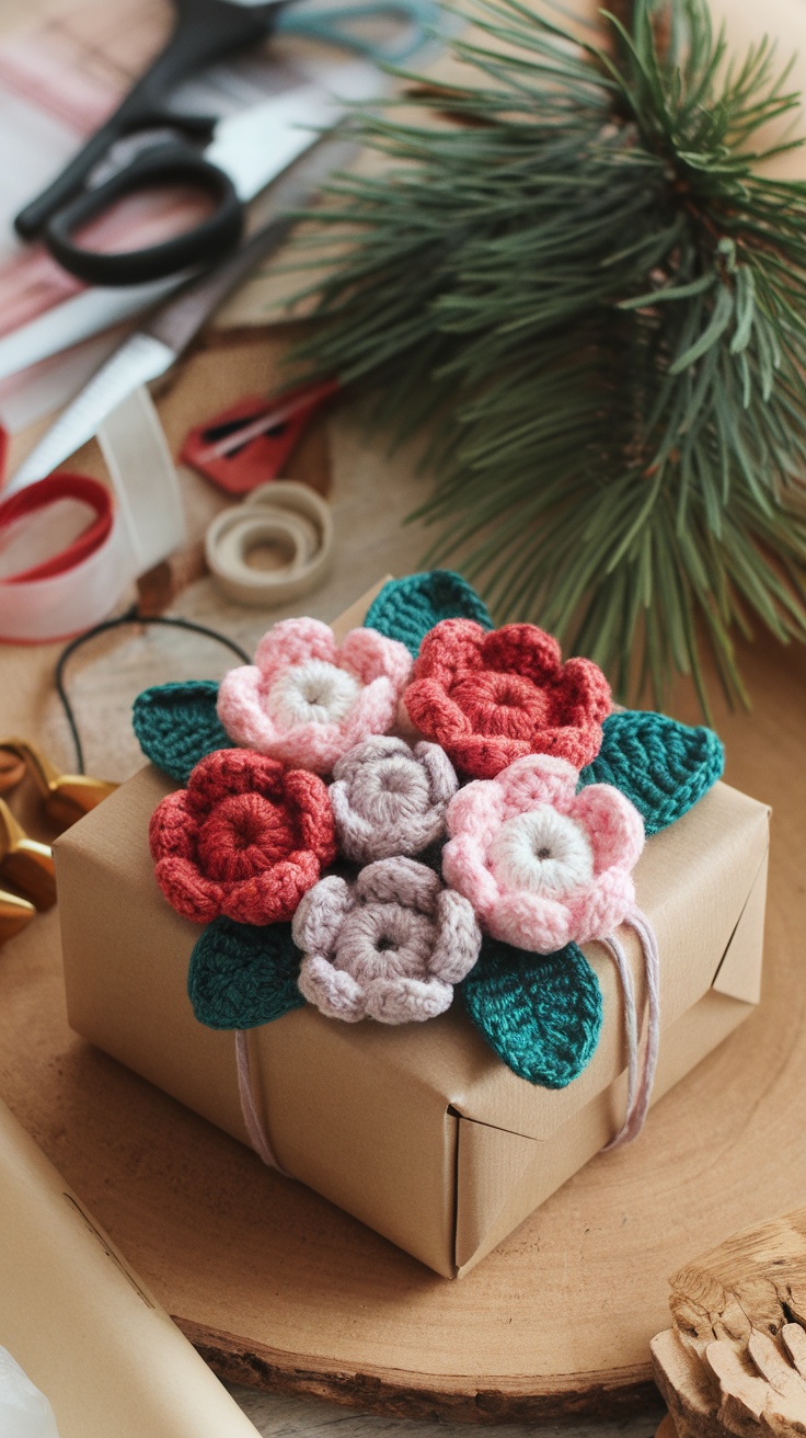 A beautifully wrapped gift box topped with crochet flowers and green leaves, surrounded by wrapping materials.