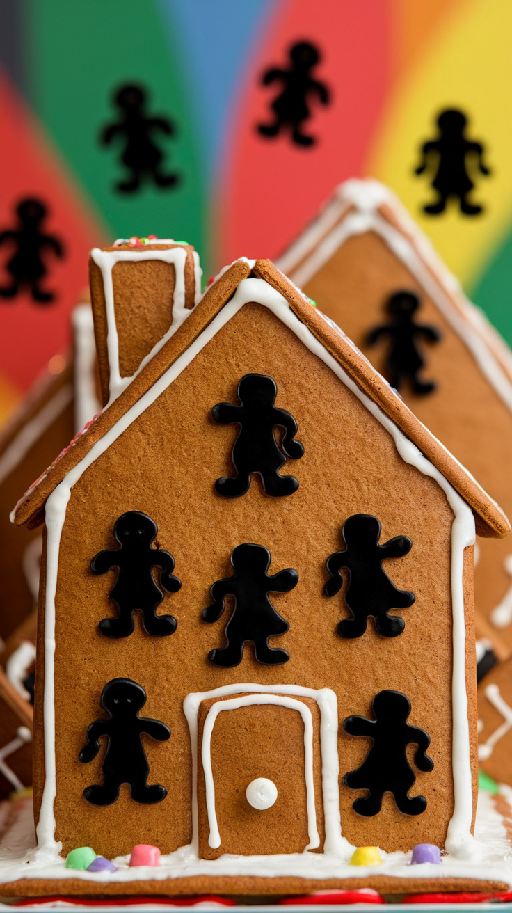 A gingerbread house decorated with black silhouette characters against a colorful background