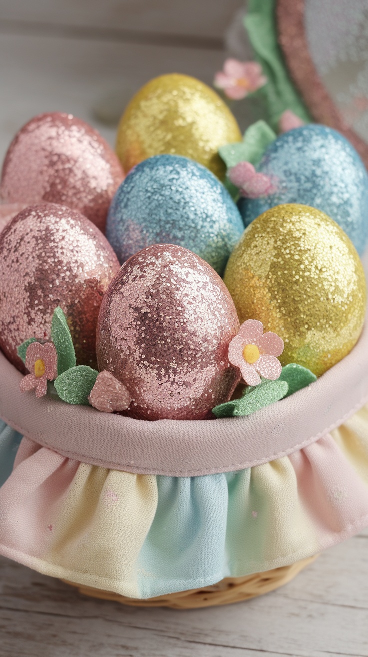 A basket filled with glittery Easter eggs in various colors, surrounded by small flowers and soft fabric.