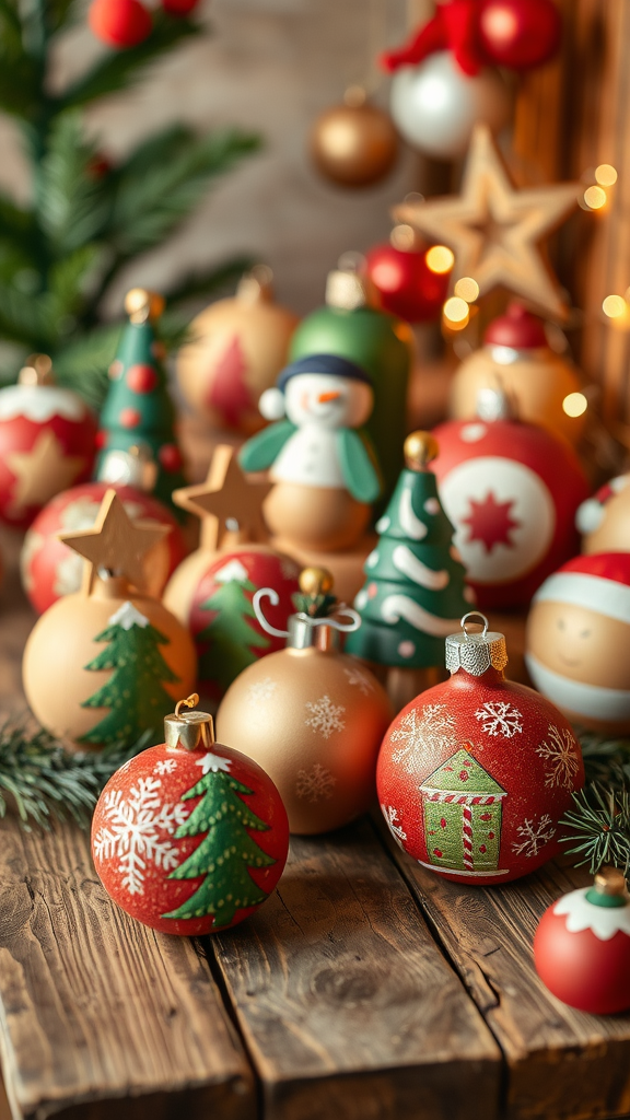 A collection of colorful handcrafted wooden ornaments in festive designs, featuring Christmas trees, snowmen, and stars, displayed on a rustic wooden surface.