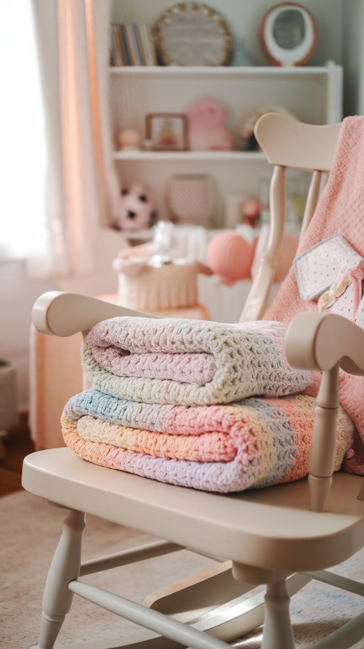 A cozy, pastel-colored crochet baby blanket stacked on a rocking chair.