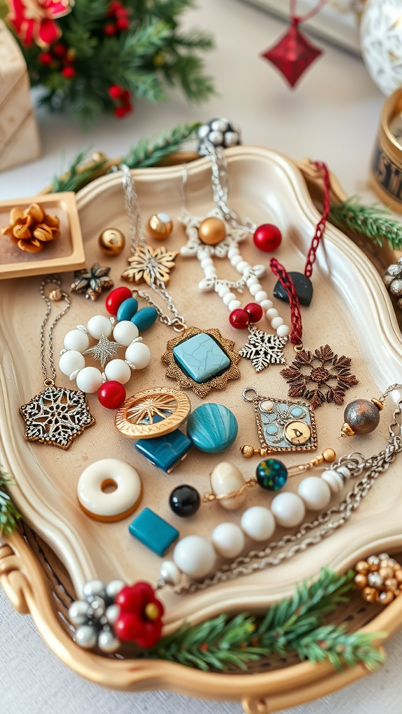 A collection of colorful handmade jewelry displayed on a decorative tray.