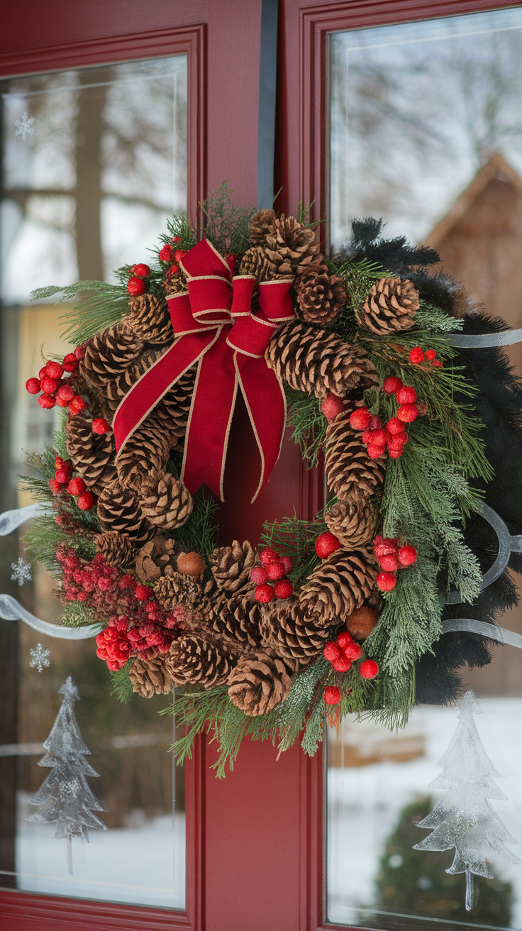 A beautifully crafted winter wreath featuring pinecones, red berries, and a red ribbon, hanging on a front door.