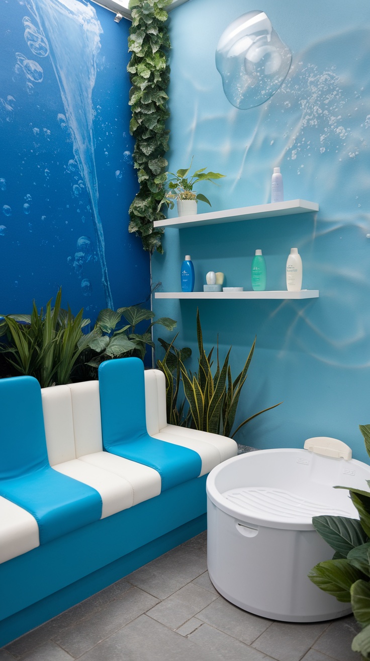 A calming skincare space with blue water-themed decor and greenery.