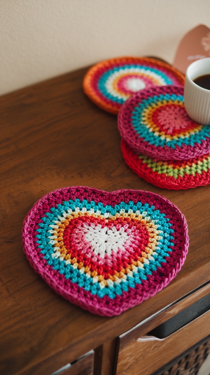 A set of colorful heart-shaped crochet coasters on a wooden table.