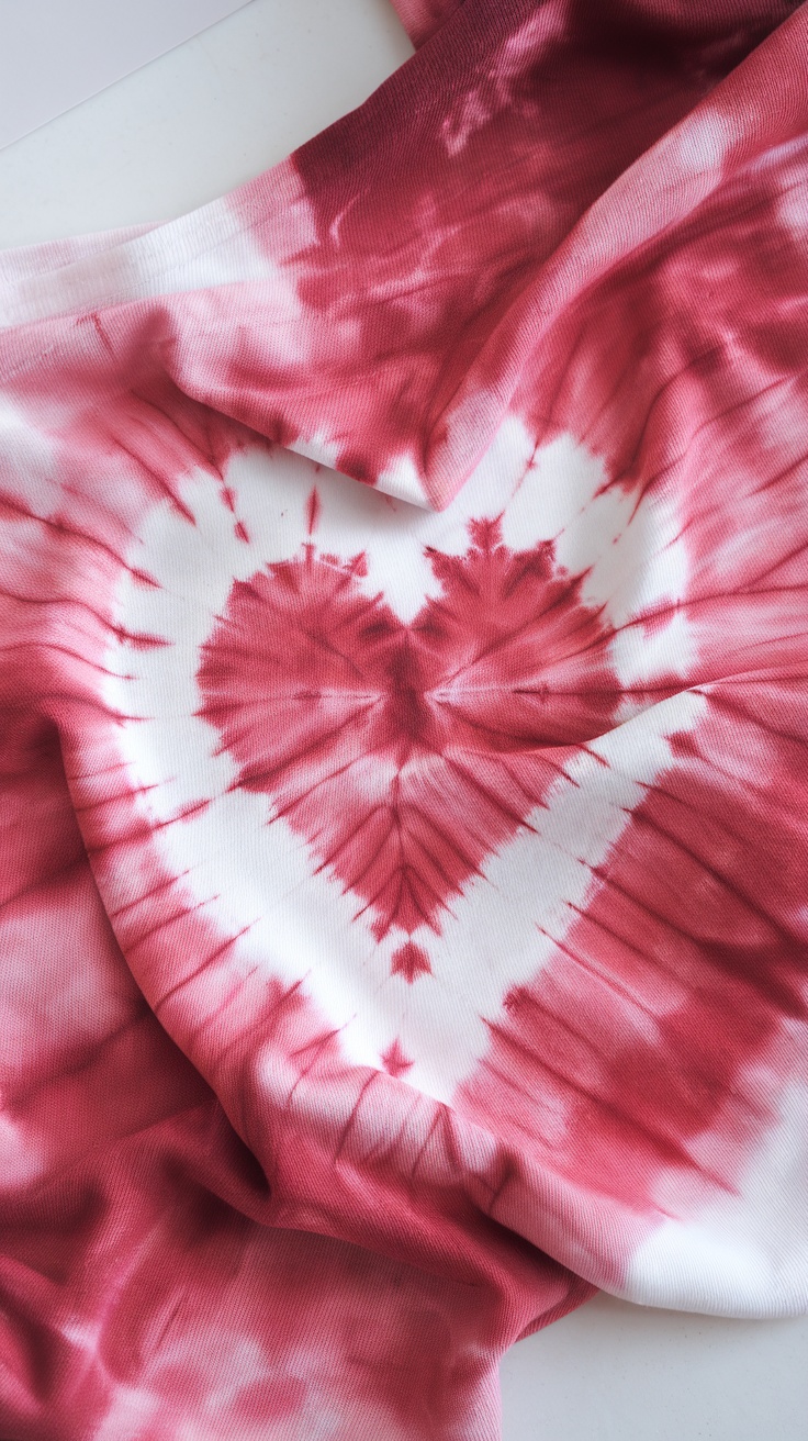 Heart shaped tie dye pattern in red and white