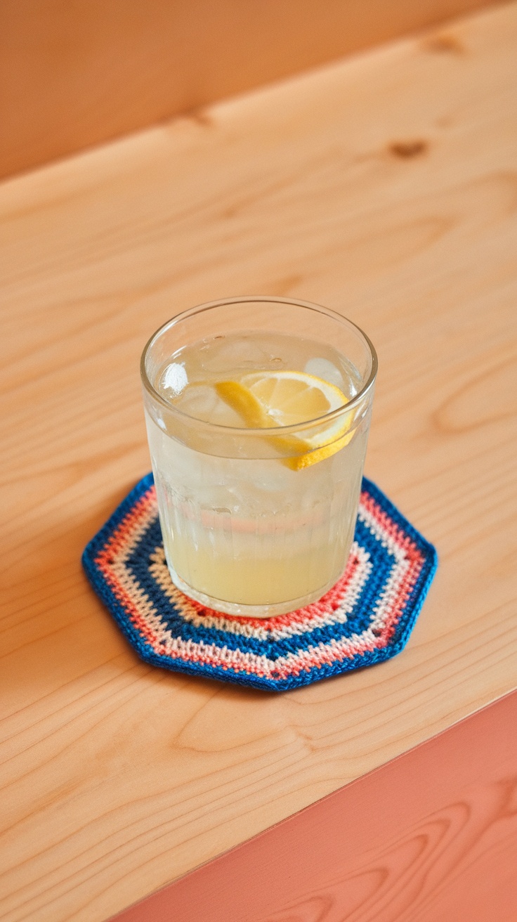 A hexagon crochet coaster with a glass of lemonade on top.