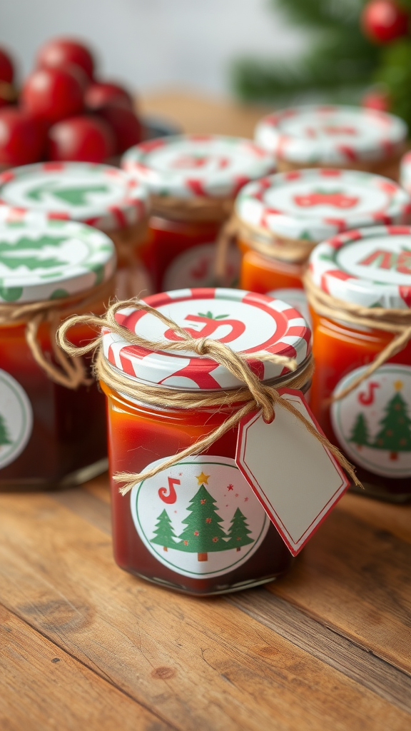 Colorful jars of homemade jam with festive labels and decorations