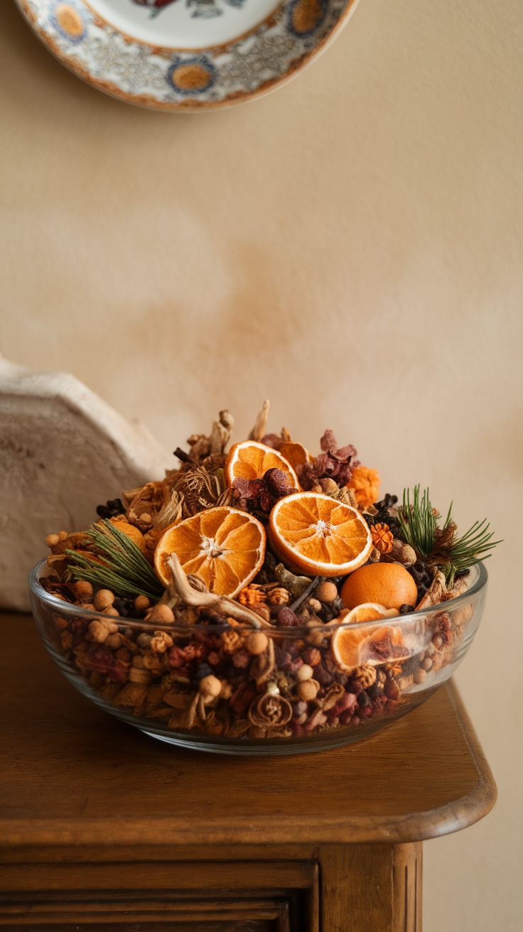 A bowl of colorful homemade potpourri with dried fruits and spices.