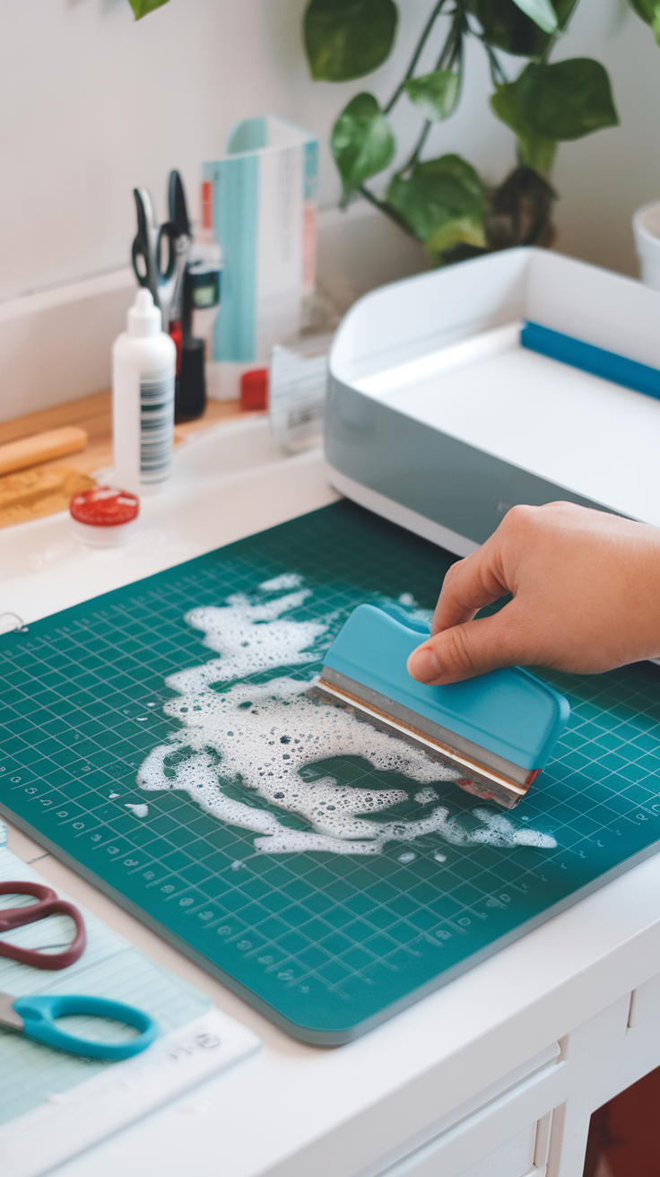 A person cleaning a Cricut mat with a blue scraper and soapy water.