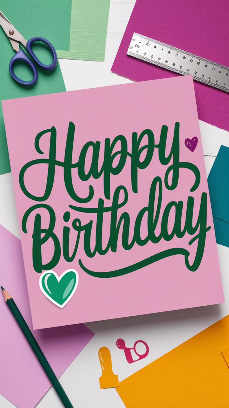 A vibrant birthday card with the text 'Happy Birthday' on a pink background, surrounded by colorful craft supplies.