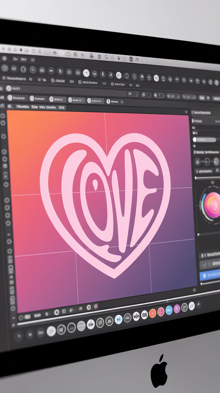 A computer screen displaying a heart-shaped SVG design with the word 'LOVE' inside it, showing design software tools.