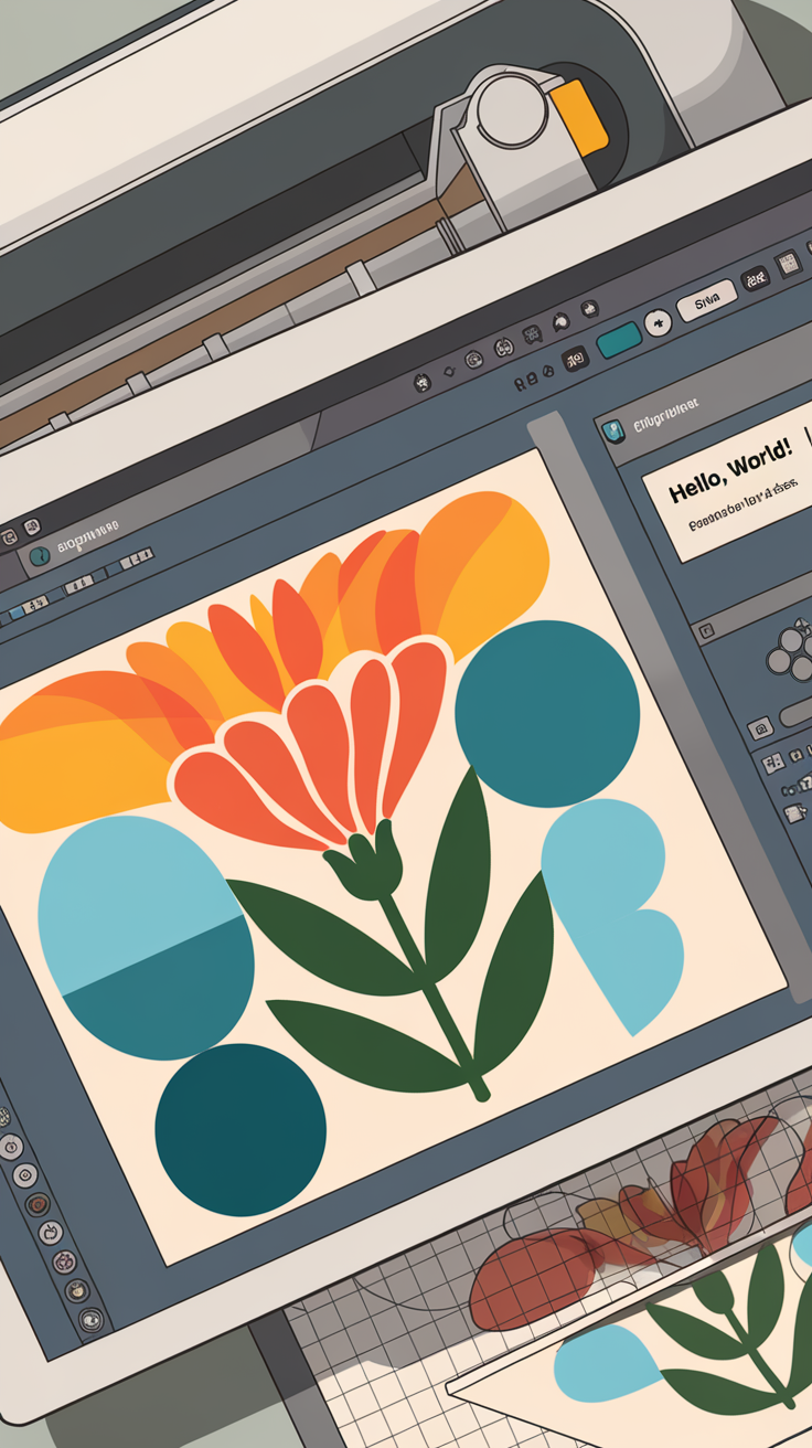 Illustration of a computer screen showing a floral SVG design being edited for Cricut use.