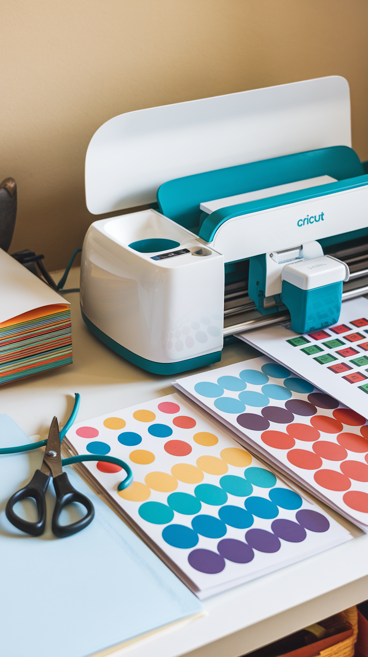 A Cricut machine with colorful sheets of adhesive paper and scissors on a workspace.