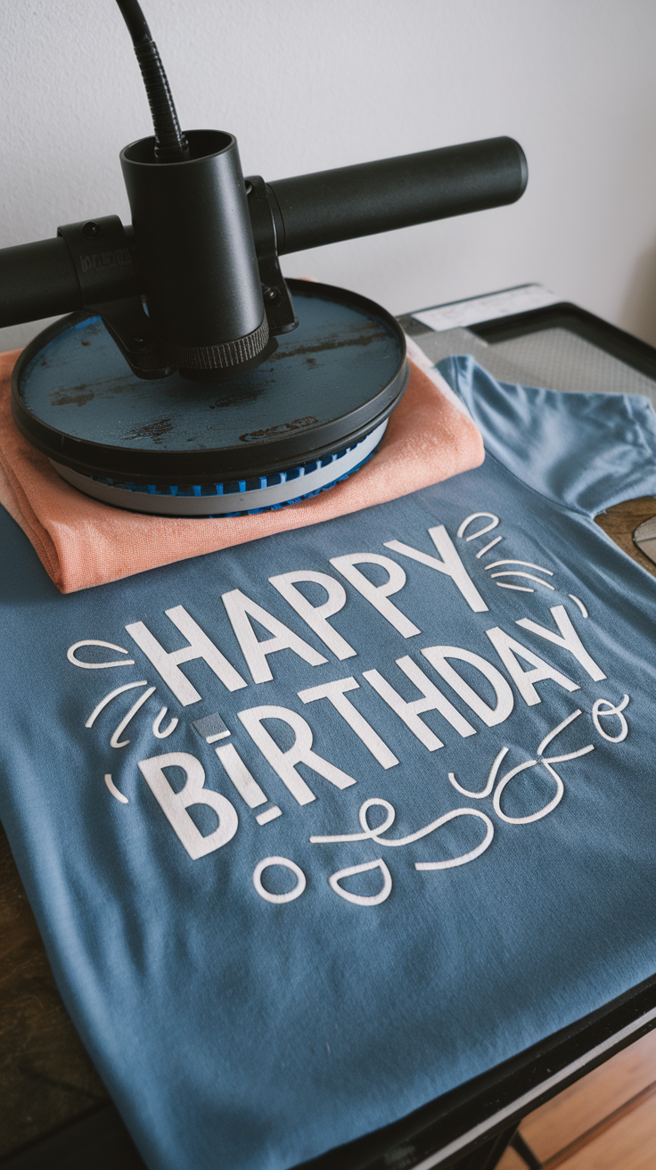T-shirt with a large print, a glass bottle of liquid, and a heat press machine.