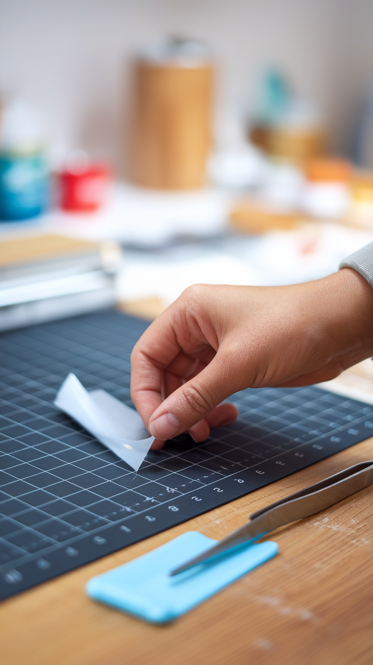 A hand carefully removing vinyl from a Cricut mat, with tools nearby.