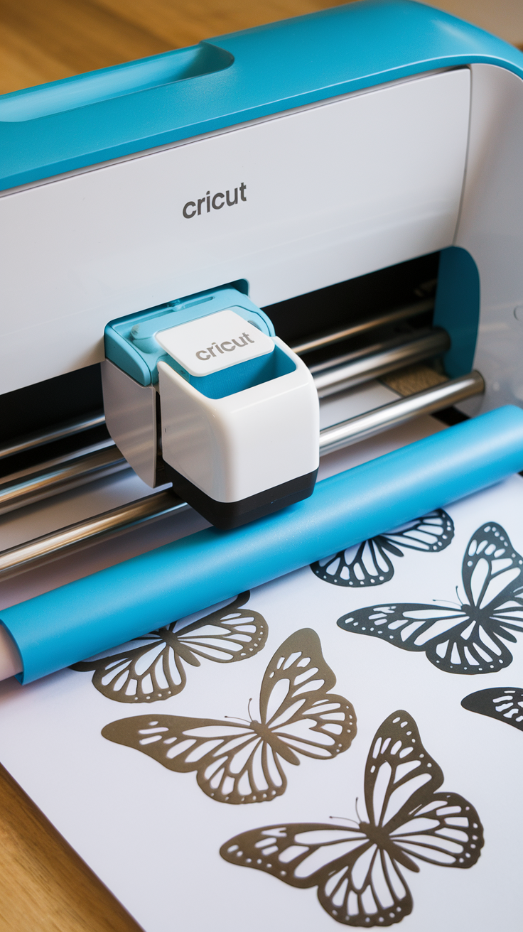 Cricut machine with a pen in place, showcasing a beautifully crafted design on paper.
