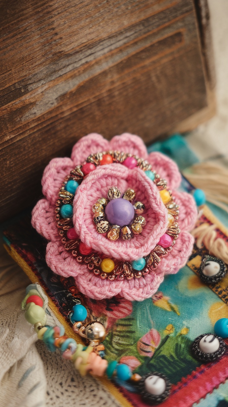 A crochet flower with colorful beads and embellishments on a vibrant background.