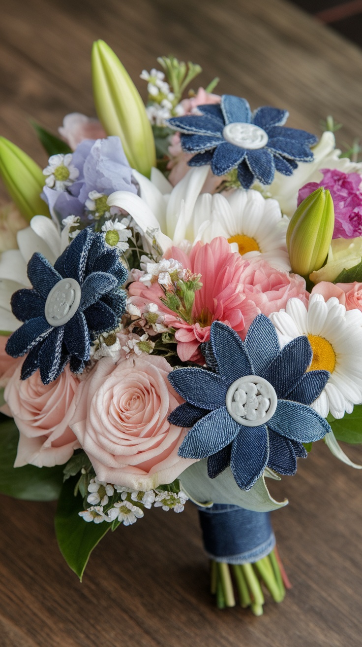 A bouquet featuring denim flowers and pastel roses.