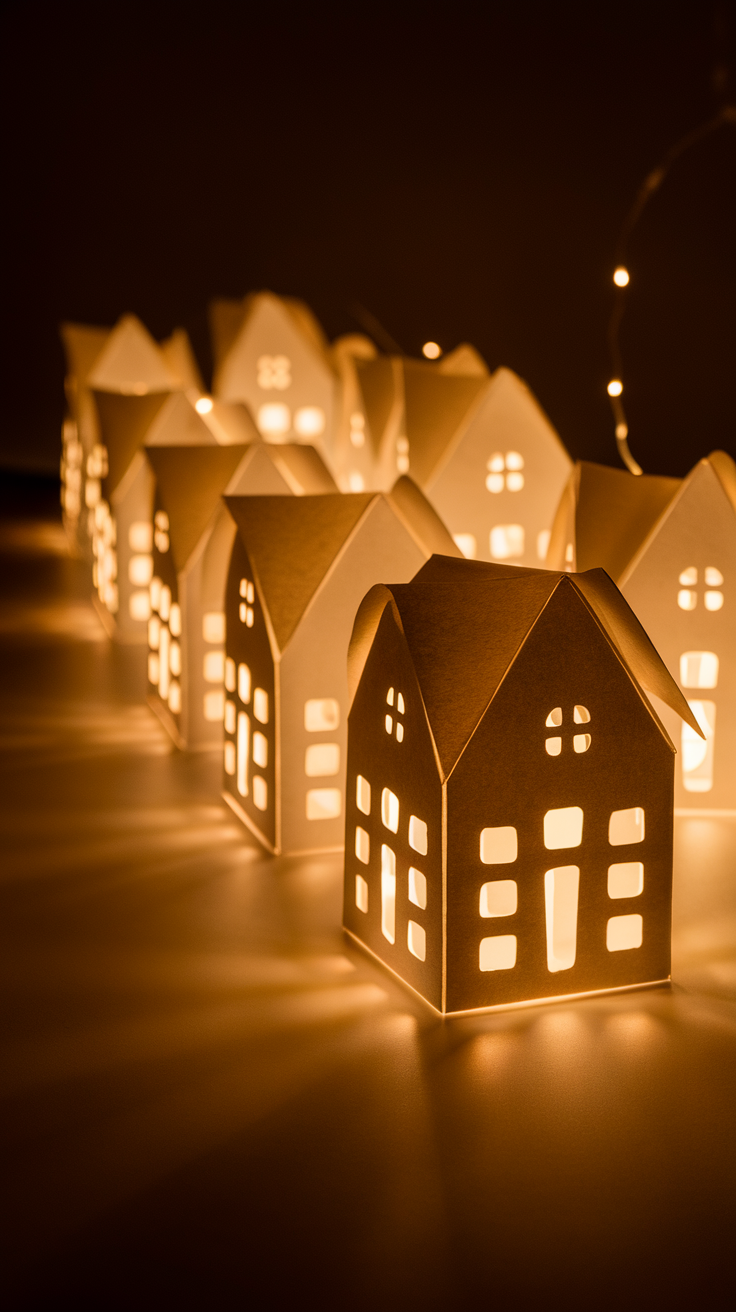A collection of lit cardboard houses resembling a Christmas village.