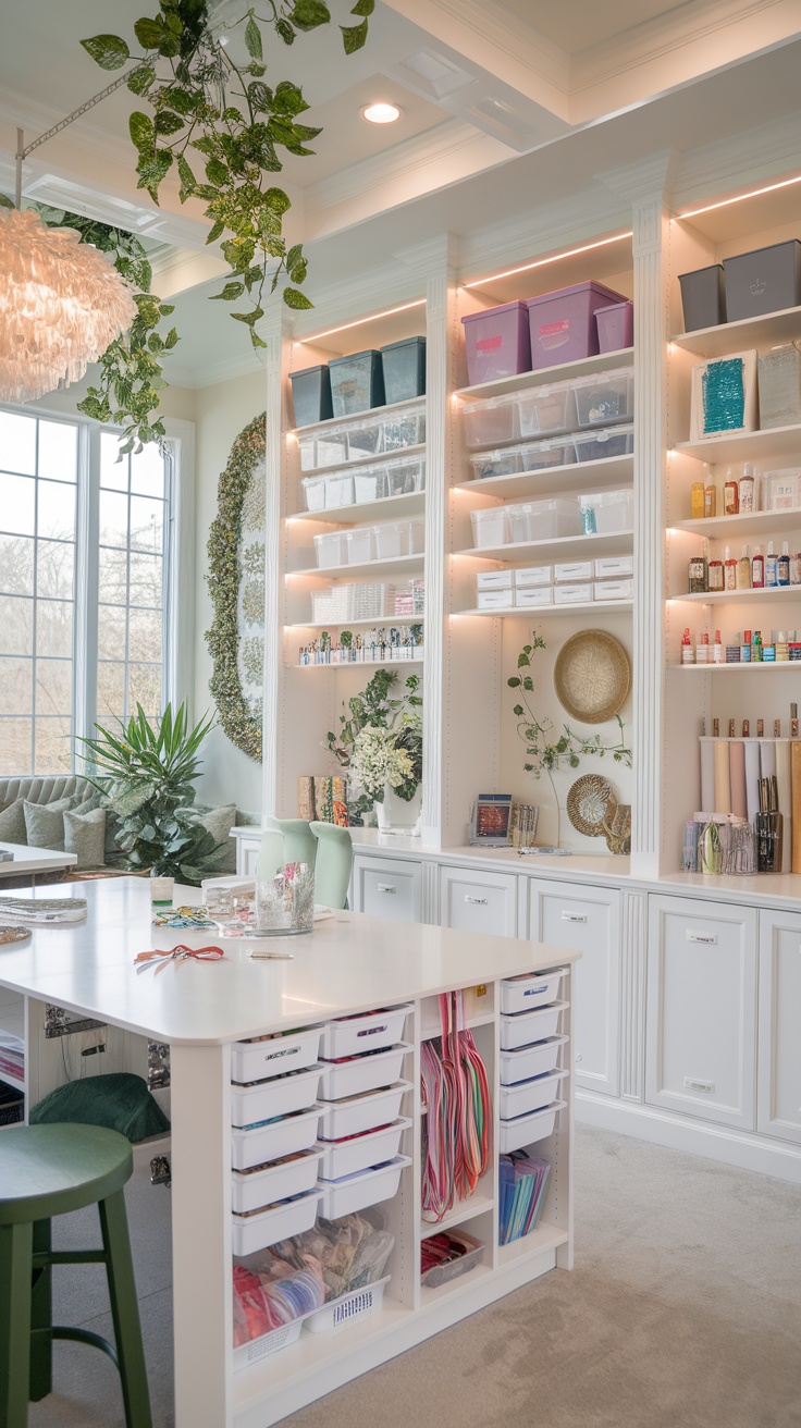 Bright craft room with plants, organized shelves, and a spacious table.