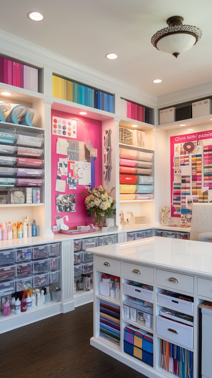A bright and organized craft room with inspiration boards and colorful supplies.