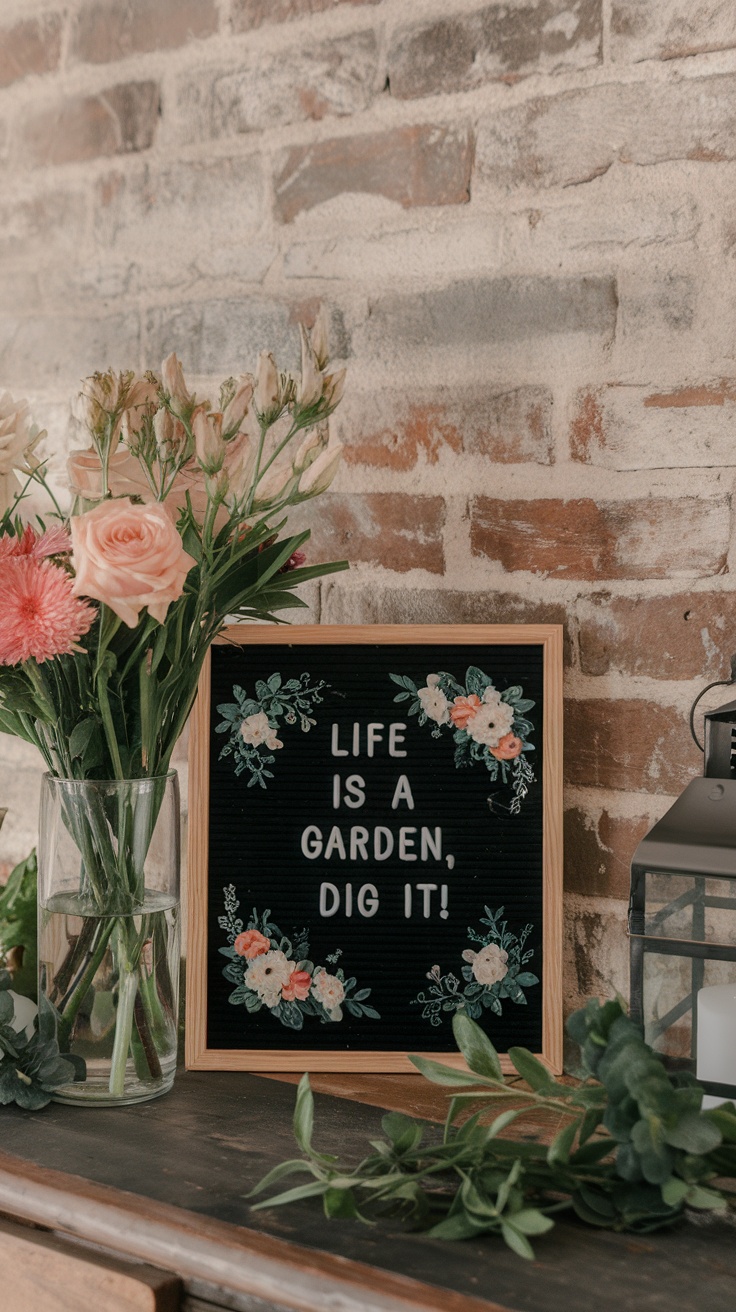 A letter board with the quote 'Life is a garden, dig it!' surrounded by flowers and greenery.