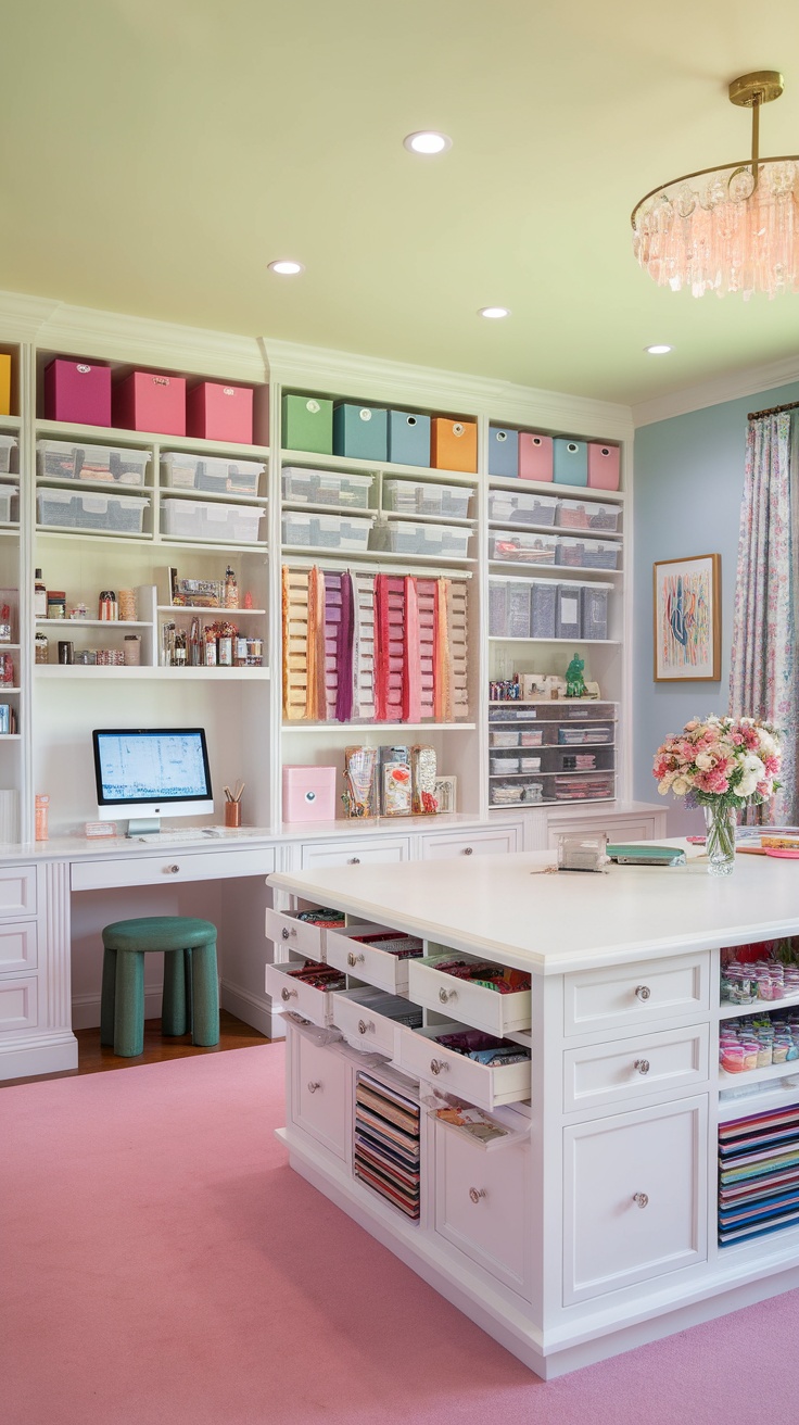 A stylish craft room featuring soft green walls, pink carpet, and colorful storage boxes.