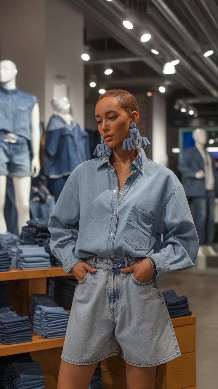 A model wearing denim earrings and a denim shirt, standing in a store with stacks of denim clothing in the background.