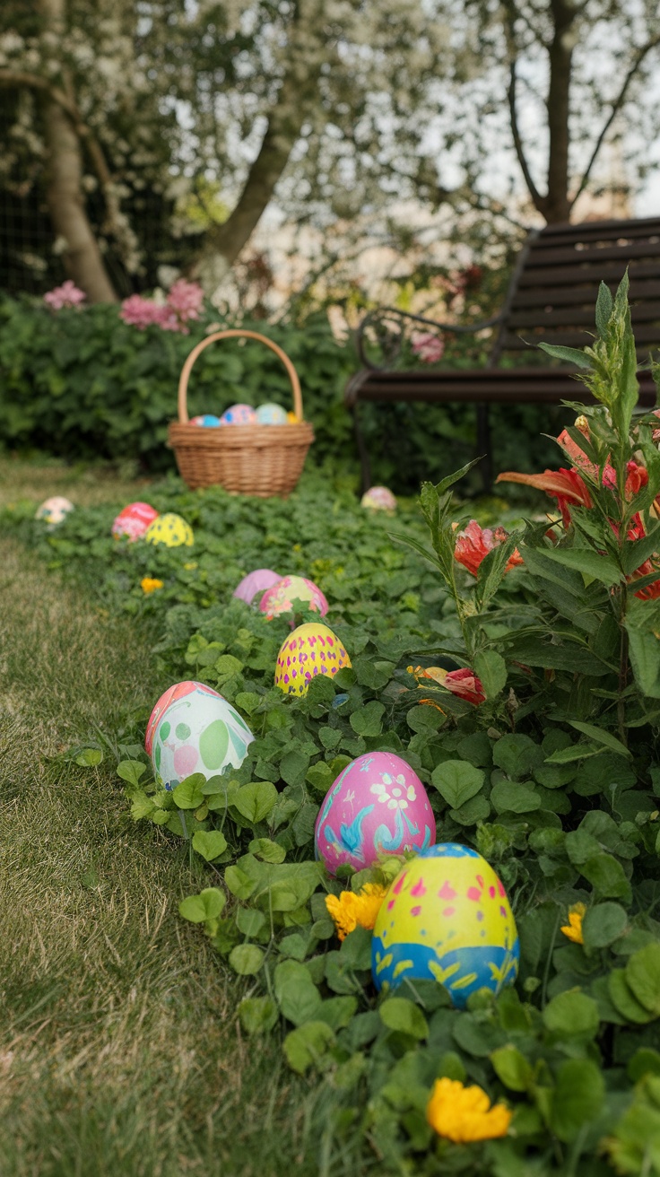 Colorful Easter eggs hidden in a garden, with a basket nearby.