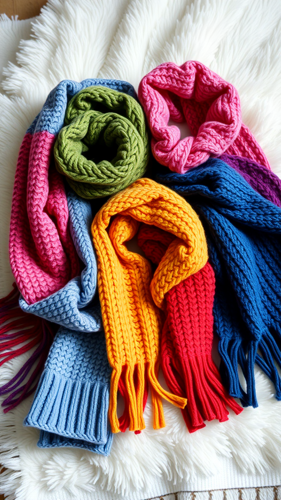 A collection of colorful knitted scarves arranged on a white fluffy background.