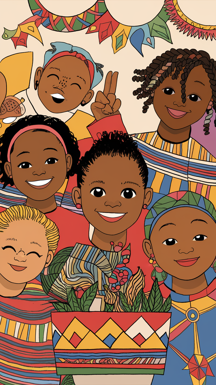 Colorful illustration of children celebrating Kwanzaa