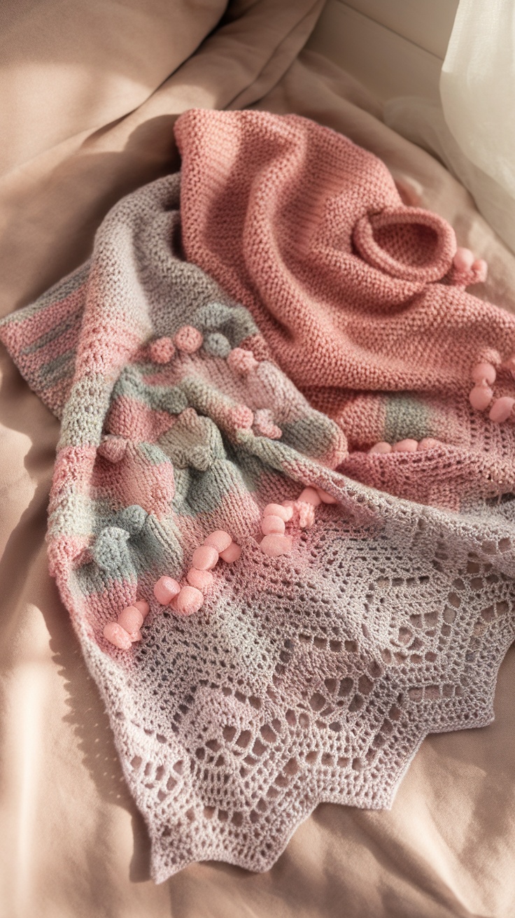 A beautifully knitted lacy baby shawl with soft colors and patterns, resting on a light fabric.