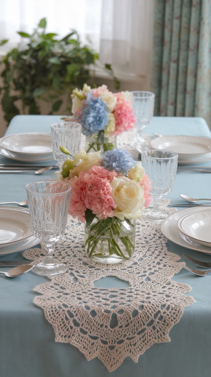 A beautifully set table with a lacy crochet table runner, featuring colorful floral arrangements.